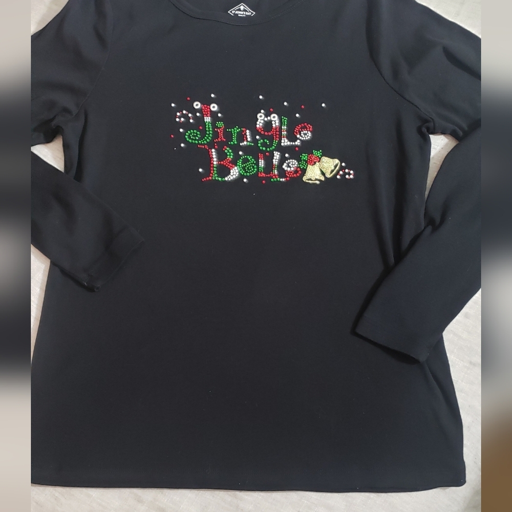 Christmas St Johns Bay Shirt Long Sleeve Black Beaded Med Petite Teacher Holiday